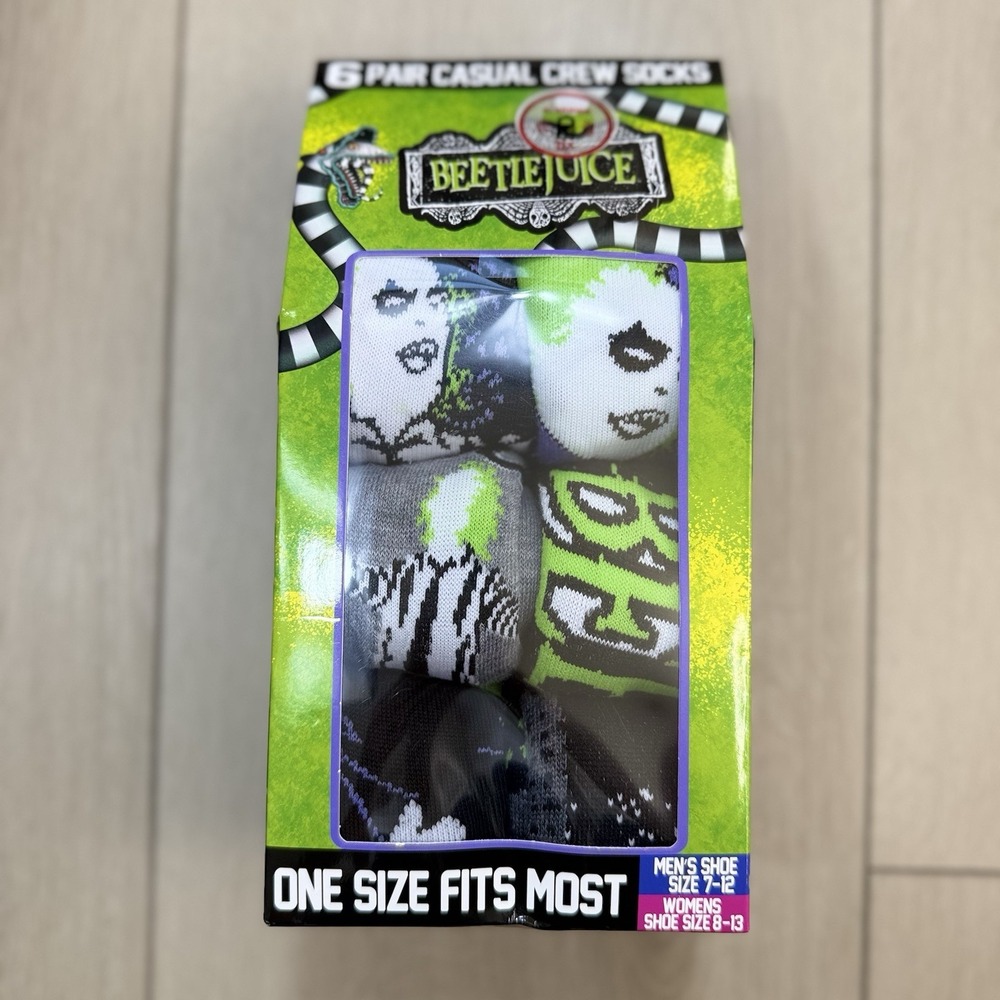 Beetlejuice 6 Pair Casual Crew Socks Set One Size Mens 7-12 Womens 8-13 NEW
